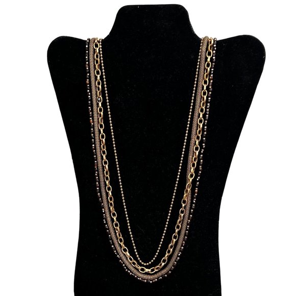 Chicos Multi Strand Necklace Mixed Chains Gold Black Tone Beads 37 inch - Picture 2 of 6
